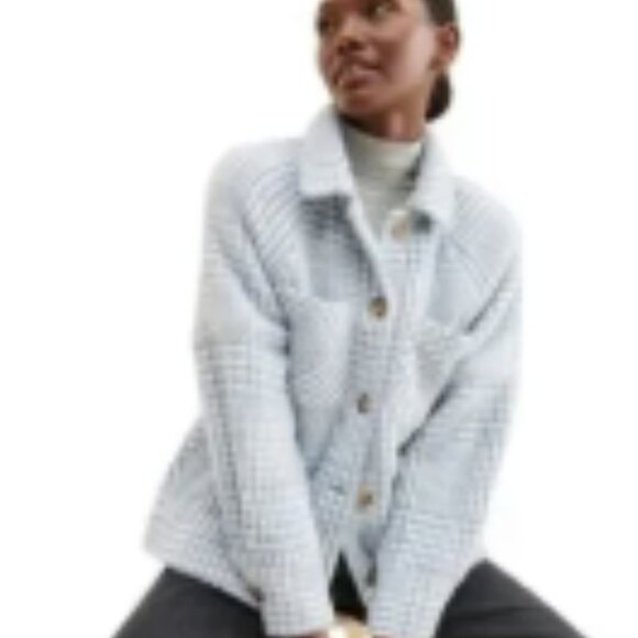 ANTHROPOLIGIE GREYLIN Blue White Houndstooth Shirt Shacket Jacket Sz Lrg - Picture 1 of 11